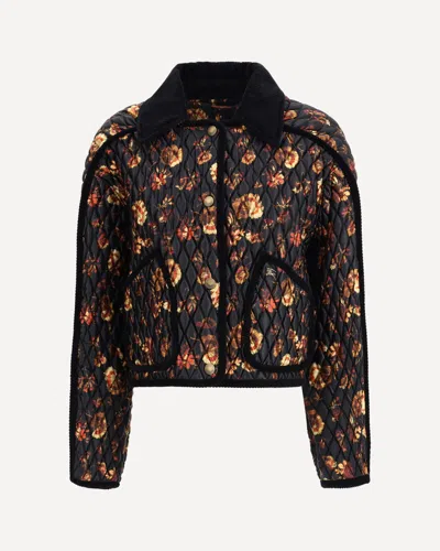 Burberry Floral Quilted Nylon Jacket With Corduroy Collar In Black