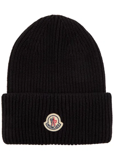 Moncler Ribbed Beanie With Folded Cuff And Embroidered Logo In Black