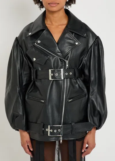 Simone Rocha Puff-sleeved Multi-strapped Leather Motorcycle Jacket In Black
