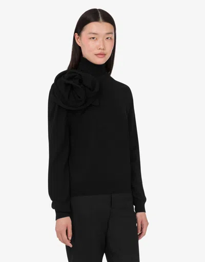Moschino Black Turtleneck Sweater With Flower Detail In Black