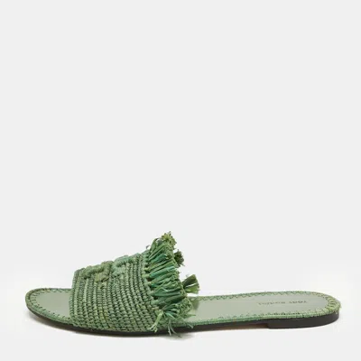 Pre-owned Tory Burch Green Raffia Eleanor Flat Slides Size 39