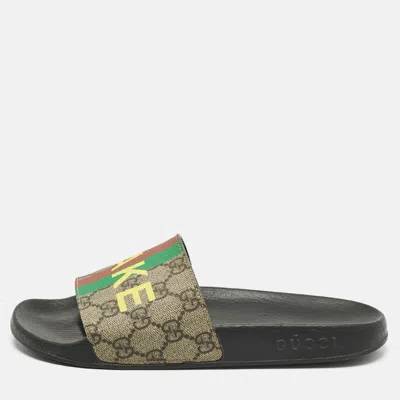 Pre-owned Gucci Beige Gg Canvas Slide Flats Size 38 In Sand