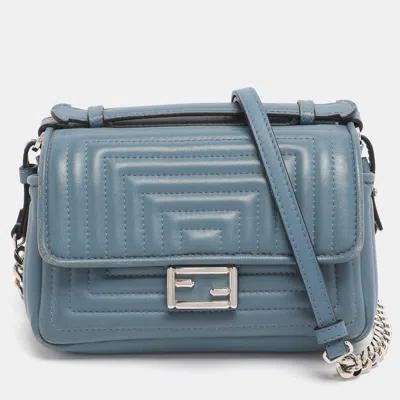Pre-owned Fendi Light Blue Quilted Leather Micro Double Baguette Bag