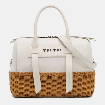 Pre-owned Miu Miu Brown White Wicker Trimmed Leather Top Handle Bag
