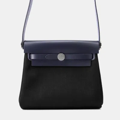 Pre-owned Hermes Herbag Mini Zip Blue Indigo/black Toile Military Vache Hunter Leather