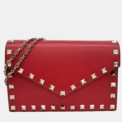 Pre-owned Valentino Garavani Red Leather Rockstud Chain Crossbody Bag