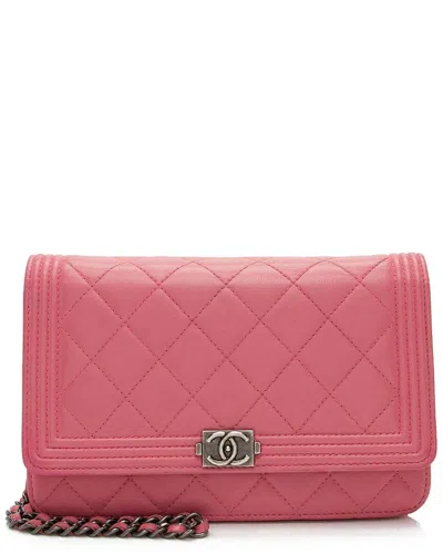 Pre-owned Chanel Pink Lambskin Boy Wallet On Chain (authentic Pre-loved)