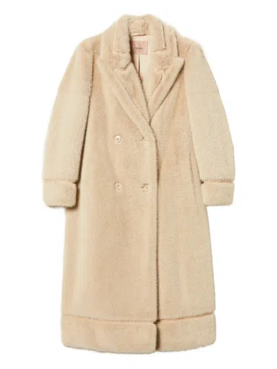 Twinset Double-breasted Faux-fur Coat In Neutral