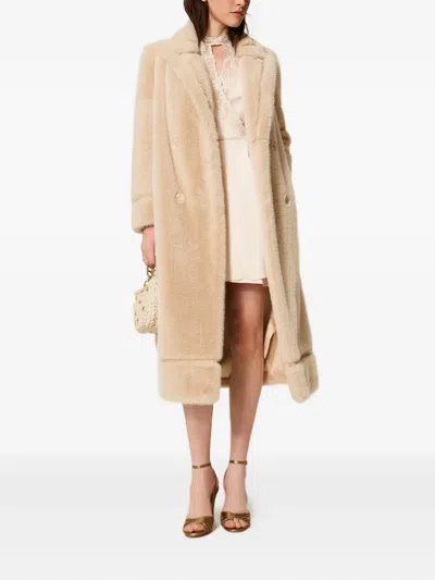 Twinset Double-breasted Faux-fur Coat In Neutral