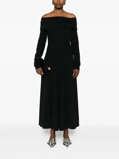 Alberta Ferretti Slightly Stretch Cady Midi Dress With Off-the-shoulder Neckline In Black