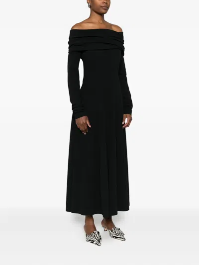Alberta Ferretti Slightly Stretch Cady Midi Dress With Off-the-shoulder Neckline In Black