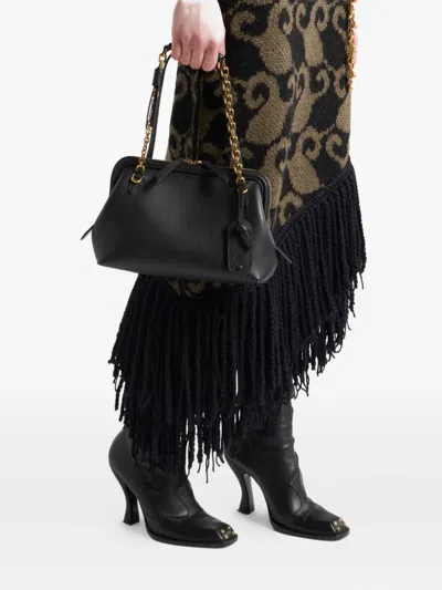 Etro Black Shoulder Bag With Chain-link Shoulder Strap And Tag With Embossed Logo On The Front In Leather In Black
