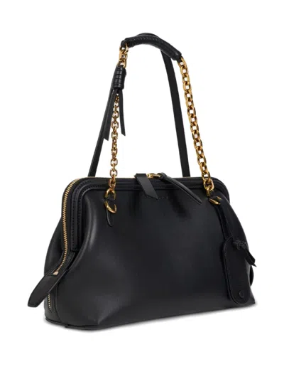 Etro Black Shoulder Bag With Chain-link Shoulder Strap And Tag With Embossed Logo On The Front In Leather In Black