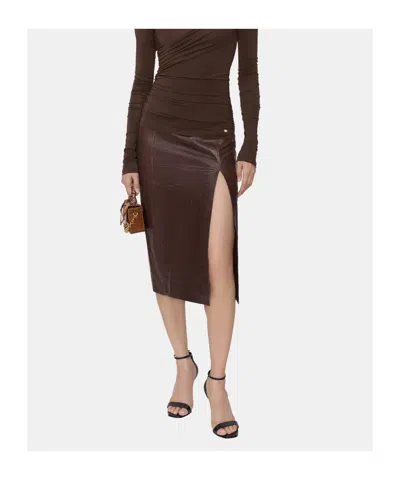 Amiri Crocodile-effect Leather Midi Skirt In Brown