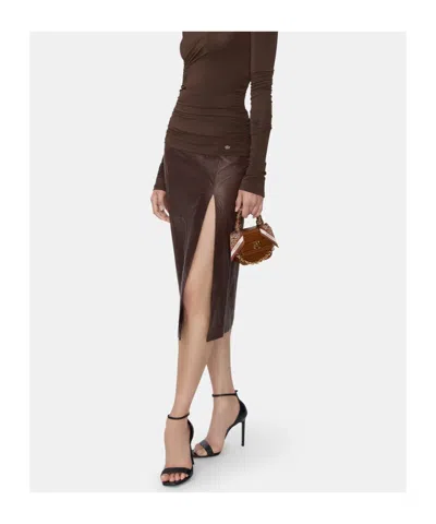 Amiri Crocodile-effect Leather Midi Skirt In Brown