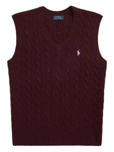 Polo Ralph Lauren Bordeaux Sleeveless Vest With V Neck And Pony Embroidery On The Front In Wool And Cashmere Man In Burgundy