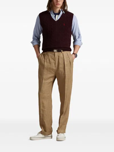 Polo Ralph Lauren Bordeaux Sleeveless Vest With V Neck And Pony Embroidery On The Front In Wool And Cashmere Man In Burgundy