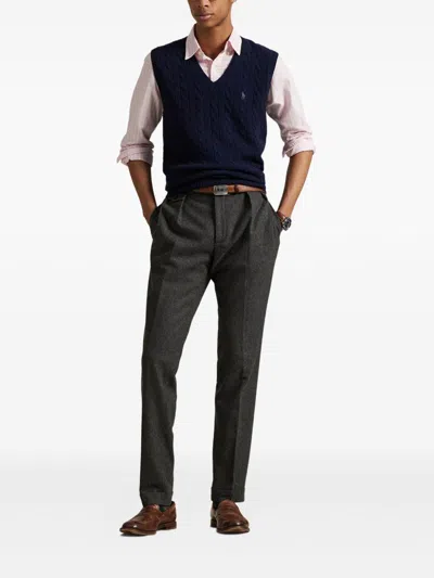 Polo Ralph Lauren Blue Vest With V Neck And Pony Embroidery On The Front In Wool And Cashmere Man In Blue
