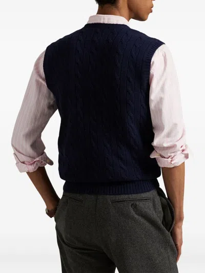 Polo Ralph Lauren Blue Vest With V Neck And Pony Embroidery On The Front In Wool And Cashmere Man In Blue
