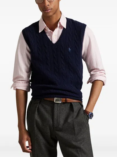 Polo Ralph Lauren Blue Vest With V Neck And Pony Embroidery On The Front In Wool And Cashmere Man In Blue