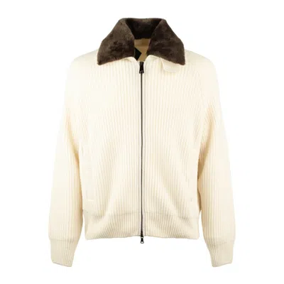 Paul & Shark Knitted Zipper Cardigan With Shearling Effect Collar In Neutral