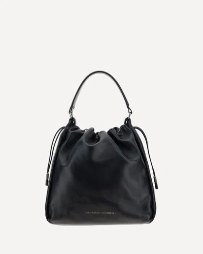 Brunello Cucinelli Leather Shoulder Bag Chain Detail In Black