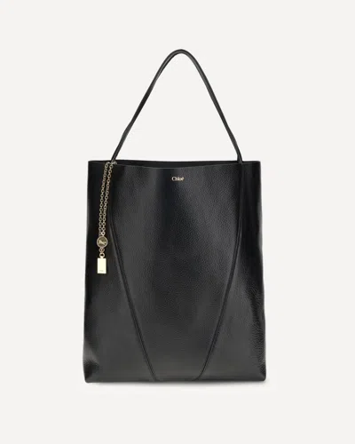 Chloé Large Leather Shopping Bag With Metal Charm In Black
