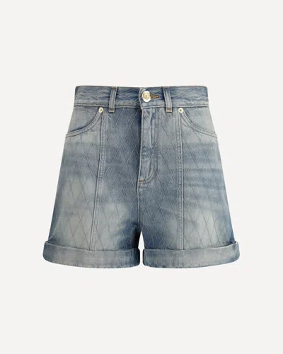 Balmain Rolled Hem Denim Shorts With Diamond Stitched Pattern In Blue