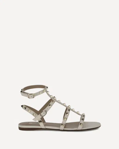 Valentino Beige Calf Leather Bos Taurus Flat Sandals In Gray
