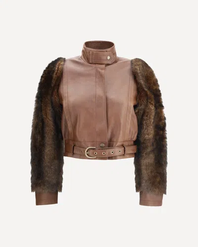 Chloé Leather Jacket With Belted Waist And Fur Sleeves In Brown