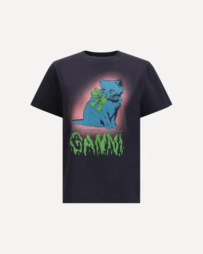 Ganni Women Black Crewneck T-shirt With Maxi Logo On The Front In Cotton Jersey Woman In Black