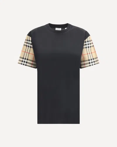 Burberry Black T-shirt With Check Pattern Sleeves Women In Black