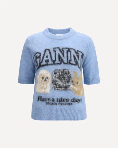 Ganni Light Blue Wool And Cashmere Blend T-shirt With Print