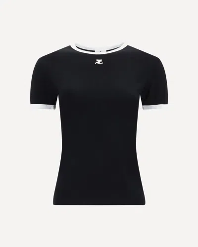Courrèges Fitted Black T-shirt With Contrasting Trim And Embroidered Logo In Black
