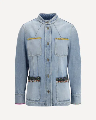 Valentino Embellished Printed Chiffon-trimmed Denim Jacket In Blue