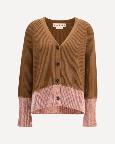 Marni Long Sleeve Merino Wool V-neck Cardigan In Brown
