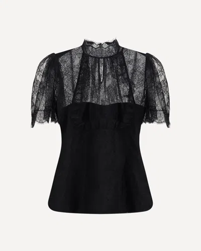 Alexander Mcqueen High Neck Sheer Lace Short Sleeve Top In Black