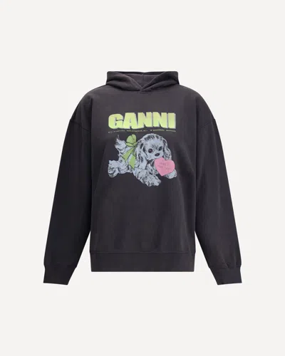 Ganni Isoli Oversized Hoodie With Graphic Puppy Print In Black
