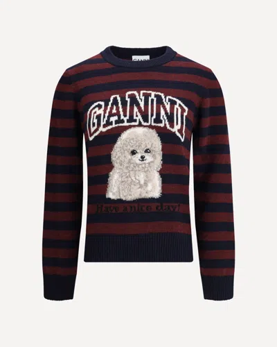 Ganni Graphic Wool Mix Poodle Stripe Crewneck Knitwear Multicolor In Multi