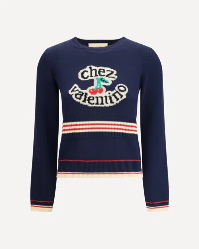 Valentino 'atelier Crew Neck Knitwear With Ribbed Hem And Cuffs' In Blue