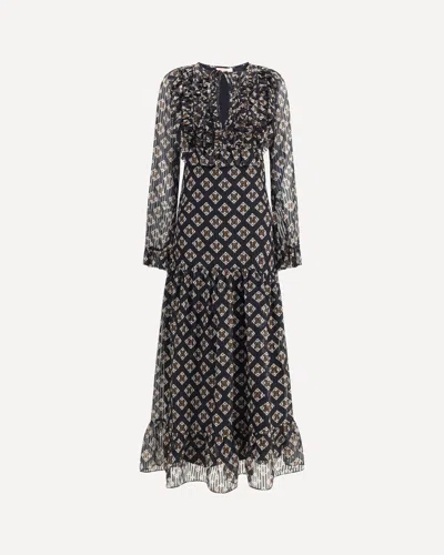 Kristina Ti Ruffled Geometric-print Maxi Dress In Black