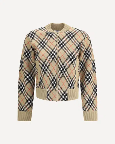Burberry Check Wool Zip-up Cardigan In Neutral