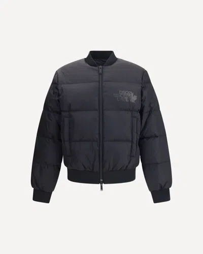 Dsquared2 Classic Black Puffer Bomber Jacket With Ribbed Cuffs In Black