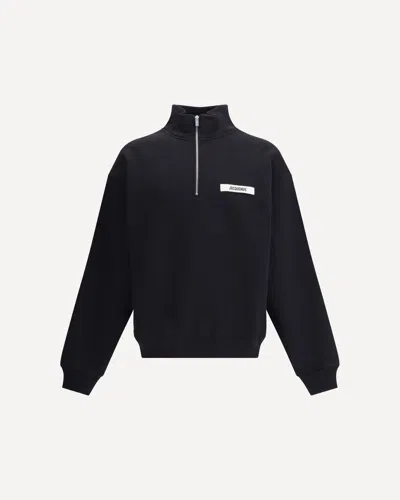 Jacquemus High Neck Zip Sweatshirt With Logo Detail And Gathered Cuffs In Black
