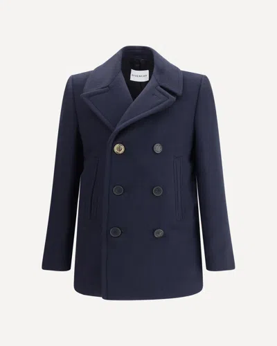 Givenchy Blue Coat With Wide Lapels And Logoed Buttons In Wool Man In Blue