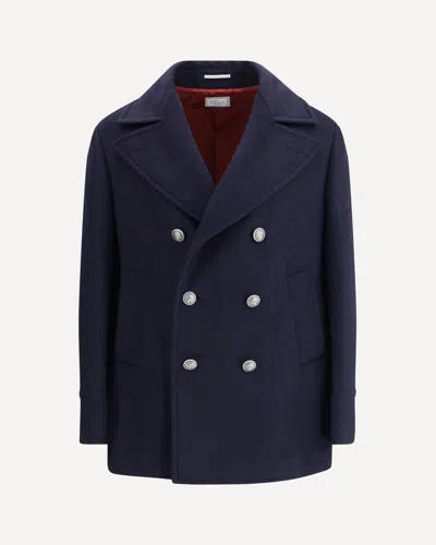 Brunello Cucinelli Double-breasted Wool Coat With Peak Lapels In Blue
