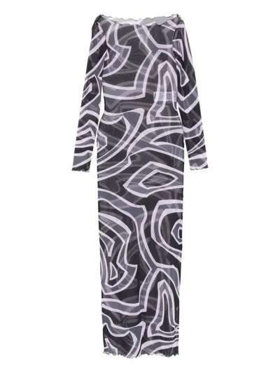 Pucci Maxi Dress With Abstract Pattern And Long Sleeves In Blue