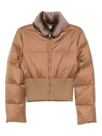 Fendi Short Padded Down Jacket With Shearling Collar Clothing In Brown
