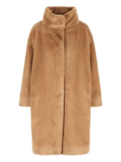 Herno Faux Fur Short Coat With High Collar In Brown