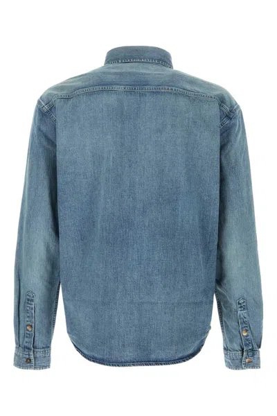 Saint Laurent Blue Shirt With Classic Collar And Cassandre Embroidery On The Front In Denim Man In Blue